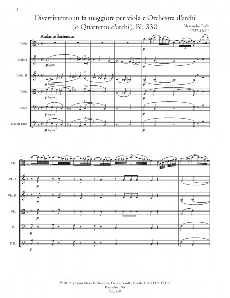 Divertimento in fa maggiore, BI. 330 Viola e Orchestra d\'archi (o Quartetto d\'archi) (score/parts)