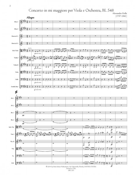 Concerto in mi maggiore, BI. 548 Viola e Orchestra (movements II & III incompleto) (score/parts)