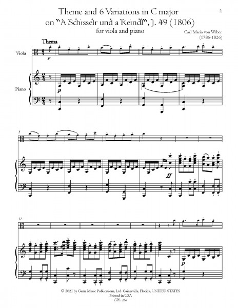 Thema und 6 Variationen in C major, J. 49 (1806) (viola/piano reduction) \"A Schisserl und a Reindl\"