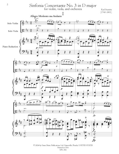 Sinfonie Concertante No. 3 in D major for violin, viola, and orchestra (violin, viola, and piano reduction)