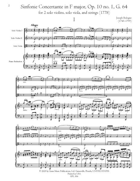 Sinfonie Concertante in F major, Op. 10 no. 1, G. 64 for 2 solo violins, solo viola and orchestra (piano reduction)