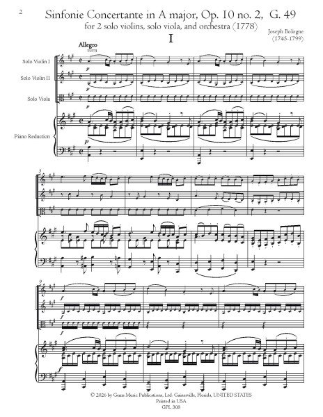 Sinfonie Concertante in A major, Op. 10 no. 2, G. 49 for 2 solo violins, solo viola and orchestra (piano reduction)